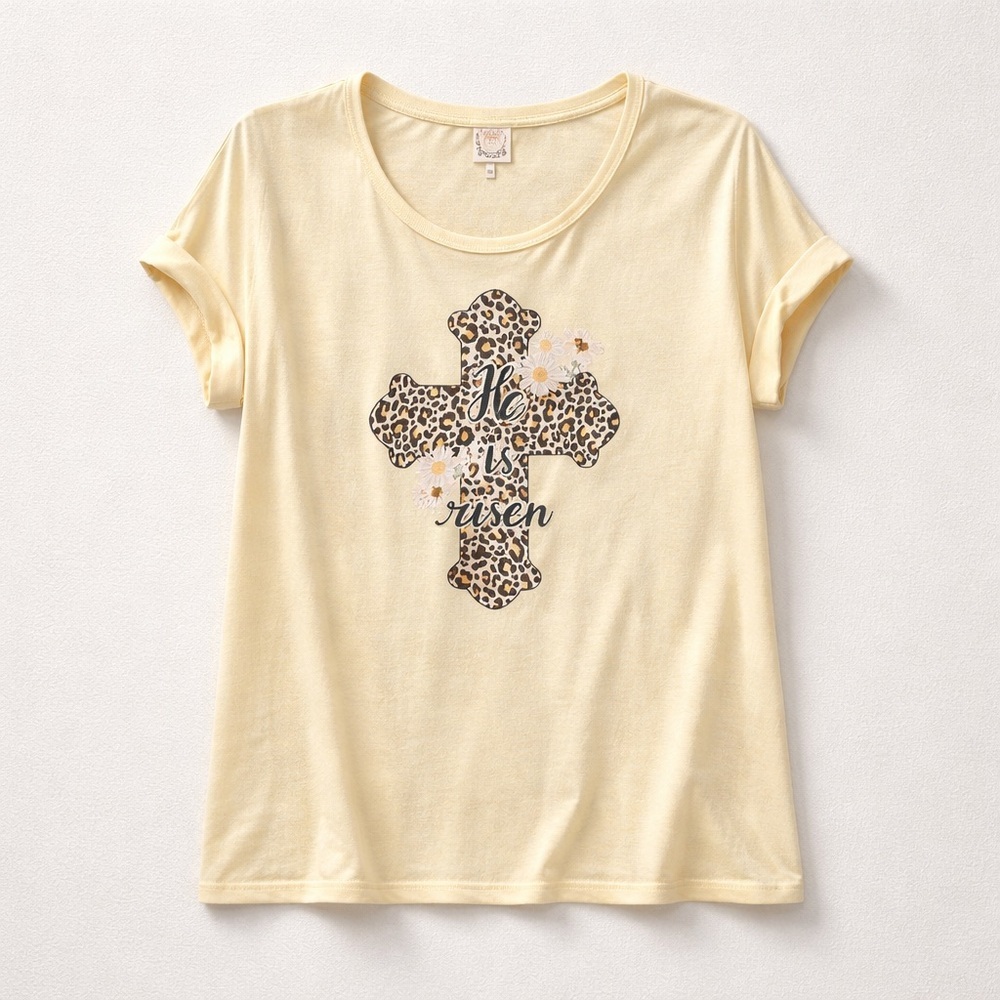 Yellow Graphic He has Risen T-Shirt with Leopard Cross